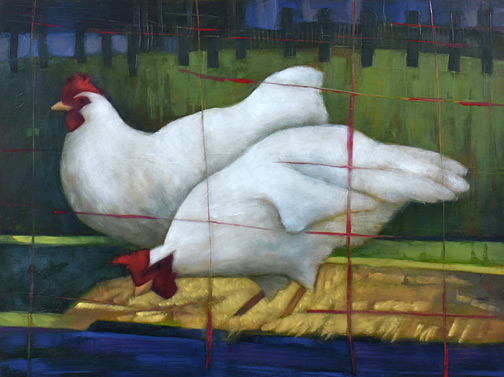 Two White Chickens - Oil Painting by Alexandria Levin